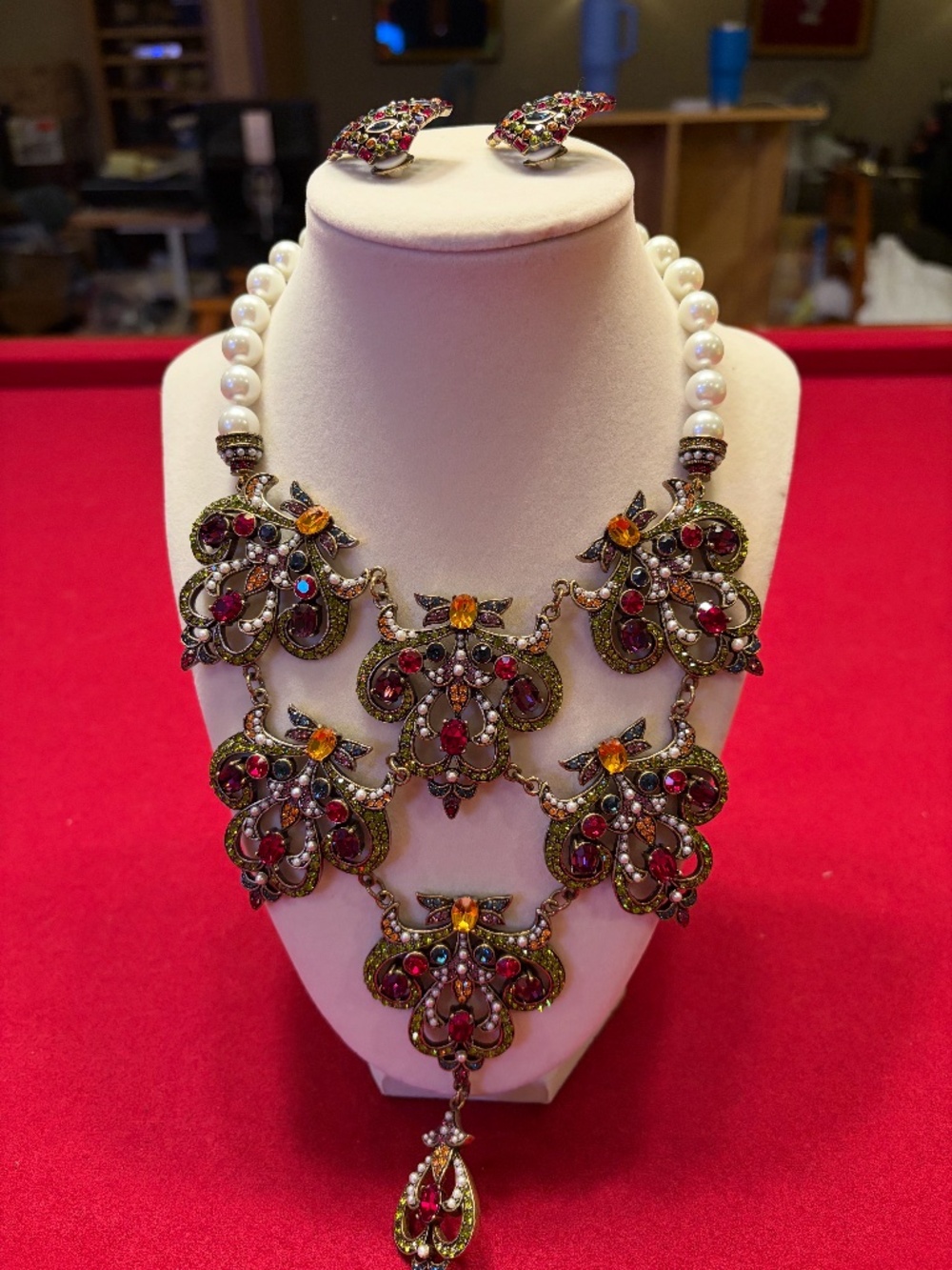 Heidi Daus Jeweled Pearl Statement Necklace Earrings Set NWT
